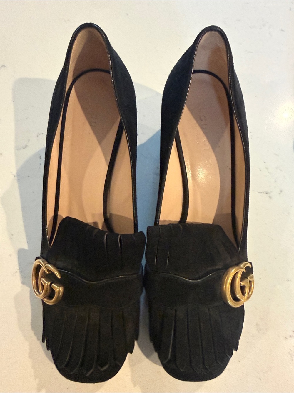 Gucci Black Suede Fringe Pumps with Gold Double G